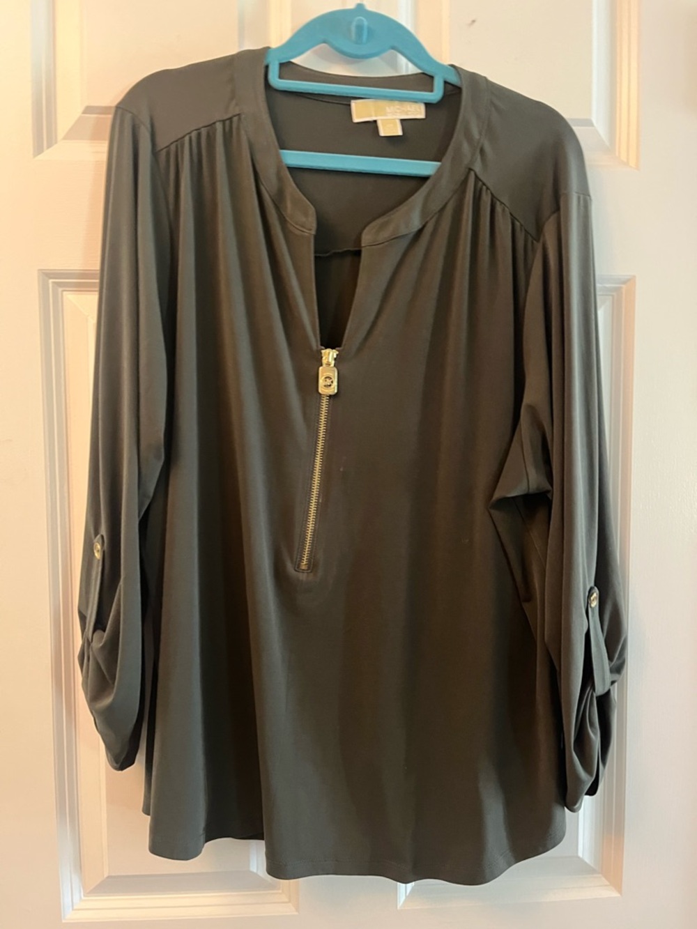 Michael Kors Olive Green Zip-Front Long Sleeve Blouse